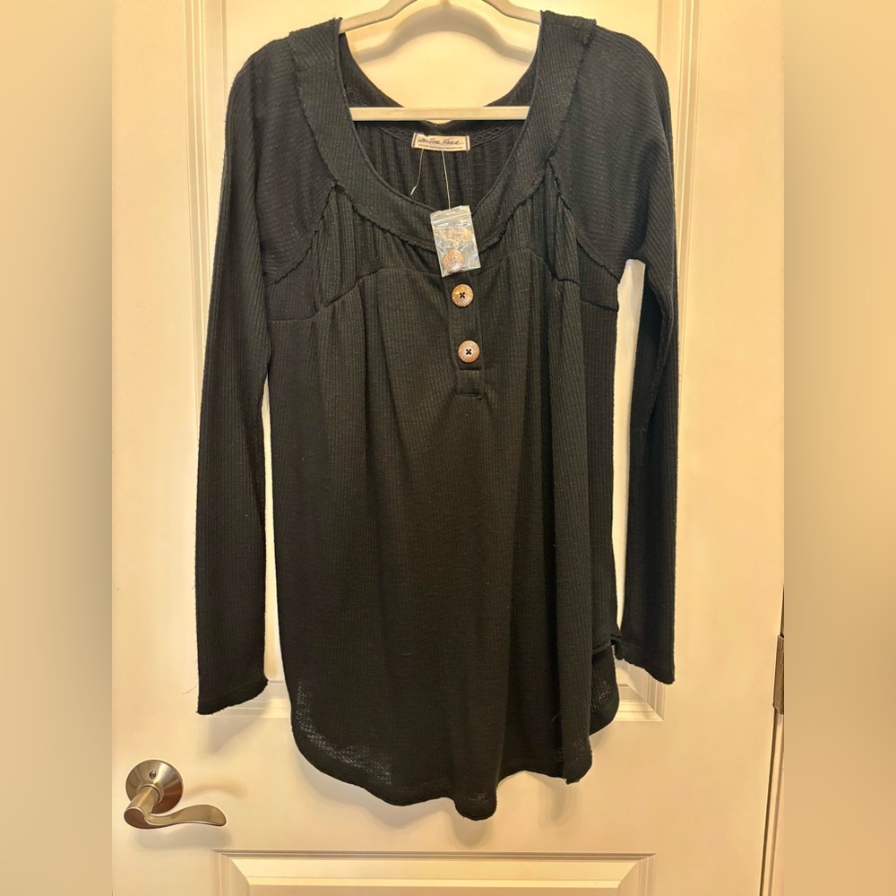 We The Free Black Long Sleeve Top with Button Accents